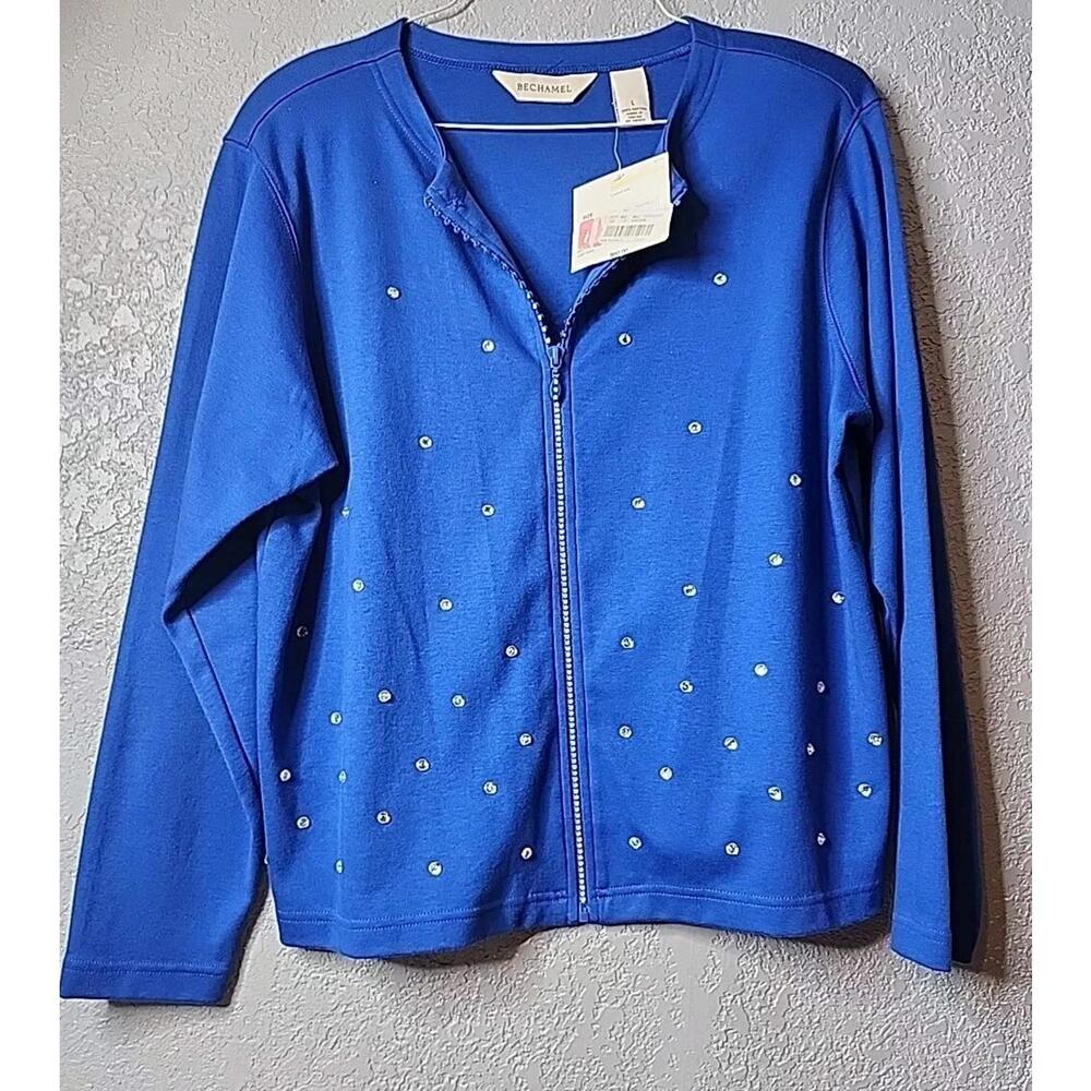 Womens Vintage Bechamel L 100% Cotton Royal Blue Glam Girl Rhinestone Cardigan